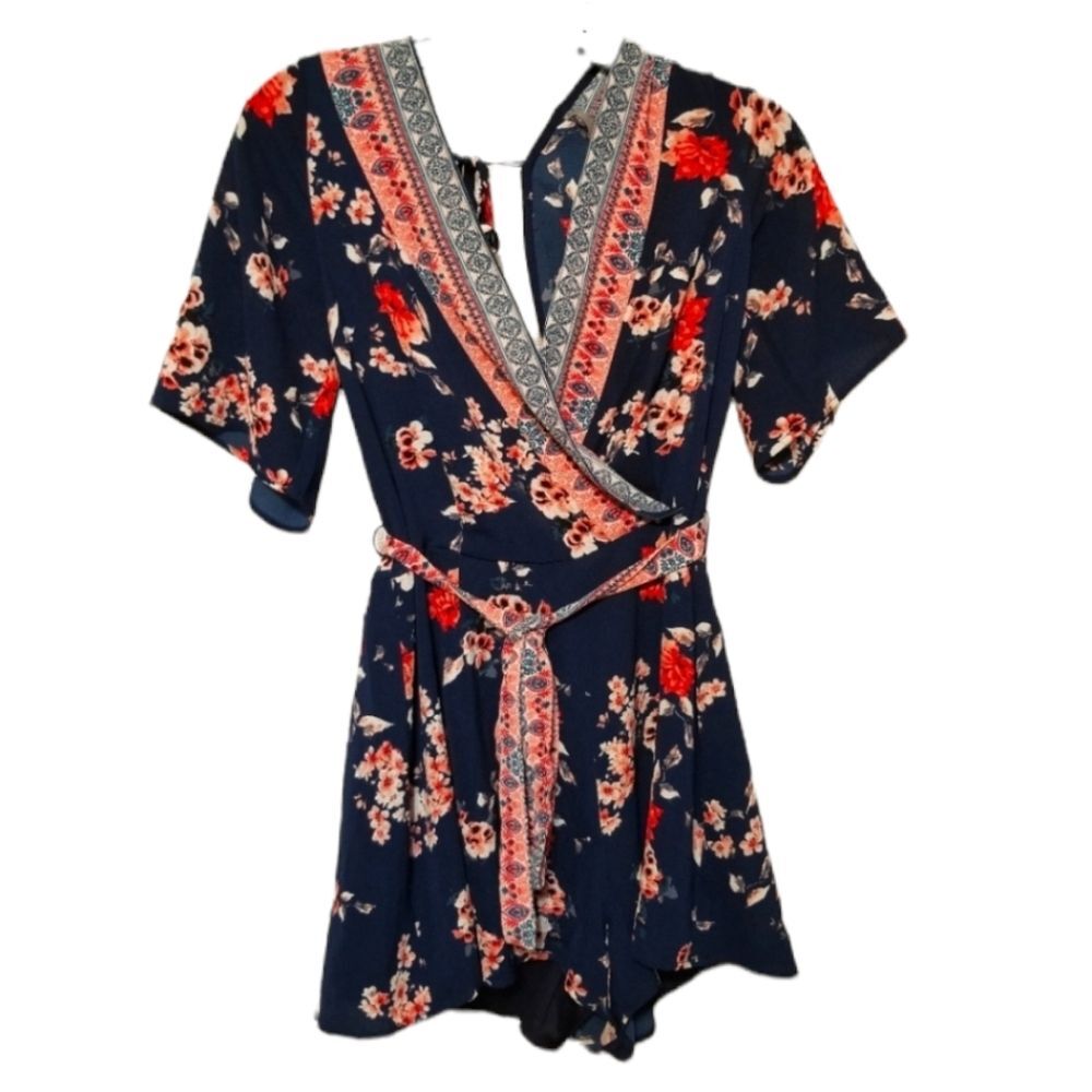 Miami Romper Blue Floral Boho Summer Waist Belt Size Medium NWOT